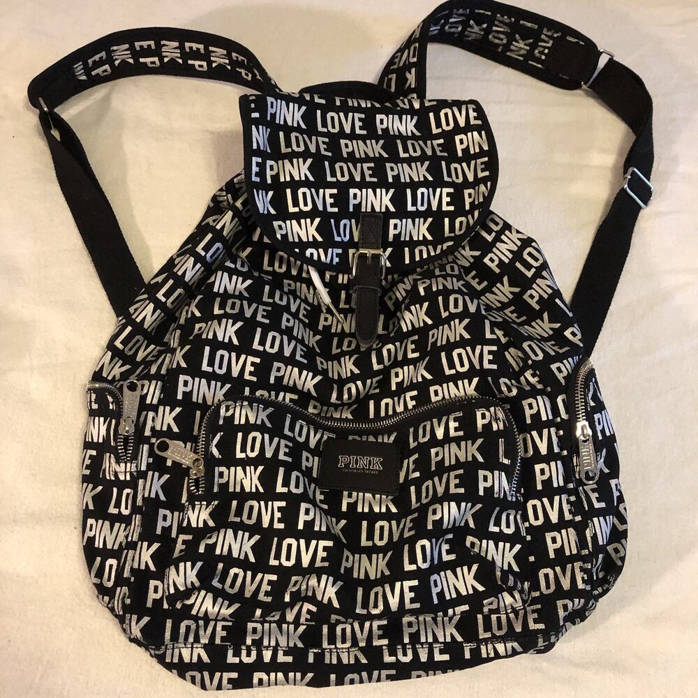 Backpack, Victoria Secret Backpack, Black And White Love Pink‎ Logo Backpack.